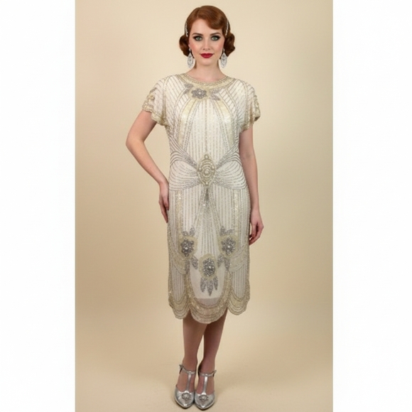 Lillie Rubin Dresses & Skirts - Vintage Lillie Rubin Silk Off White Beaded Dress Sz S Flapper Roaring 20s Retro